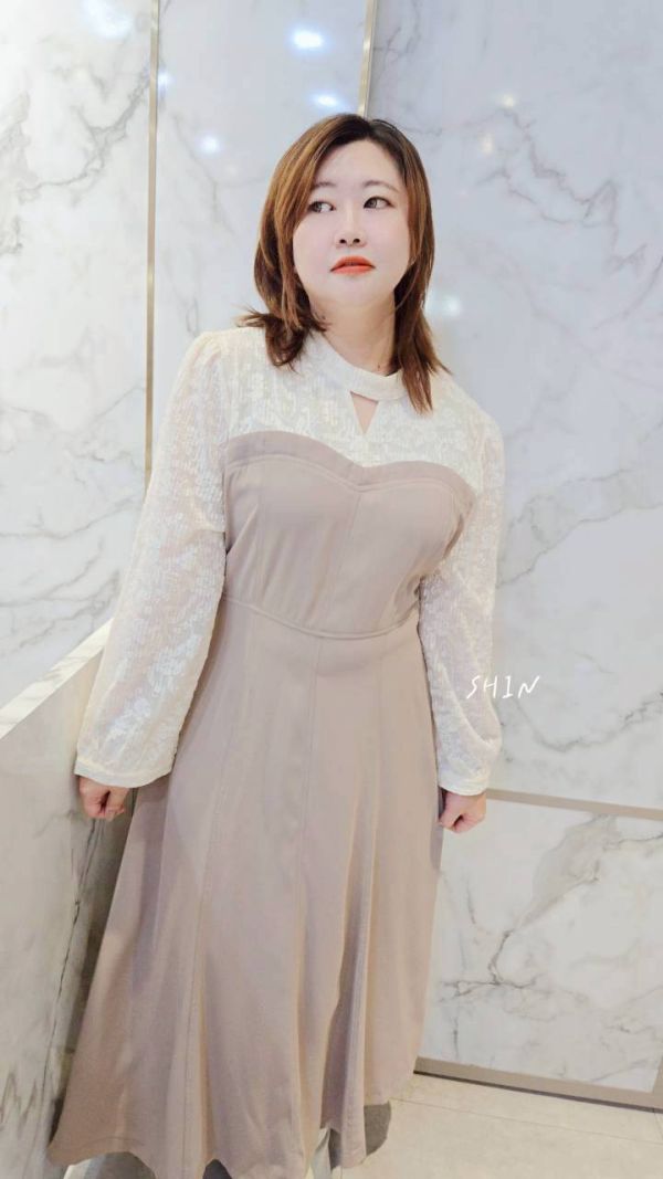 絕美蕾絲拼接綁帶長洋(奶茶/深灰) 