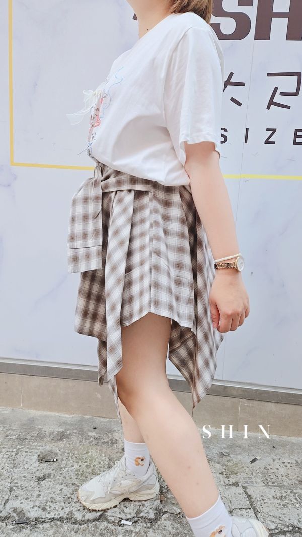 格子不規則百搭半裙(藍/卡其) 