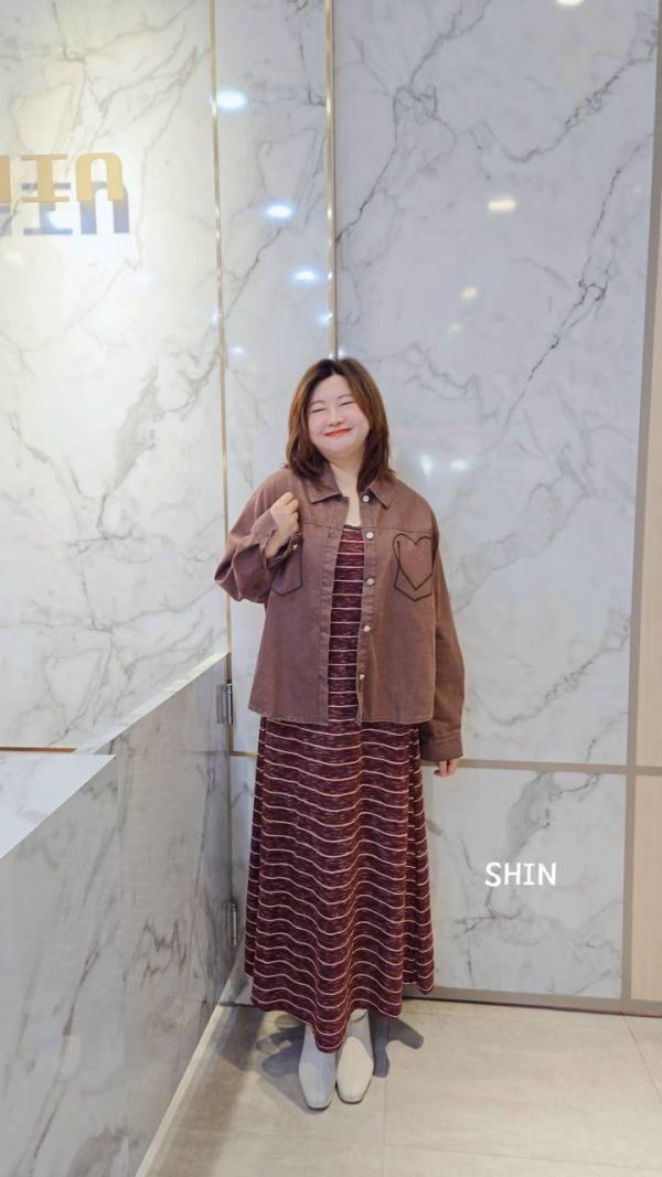 條紋長版洋+愛心襯衫外套(藍/酒紅) 