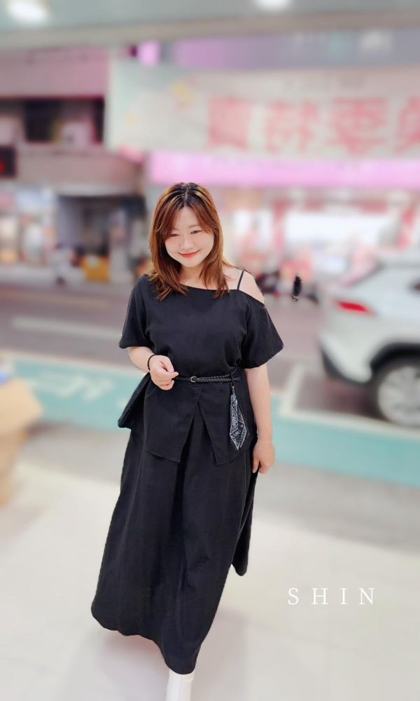 美的冒泡斜肩腰帶兩件套(粉/黑/藍) 