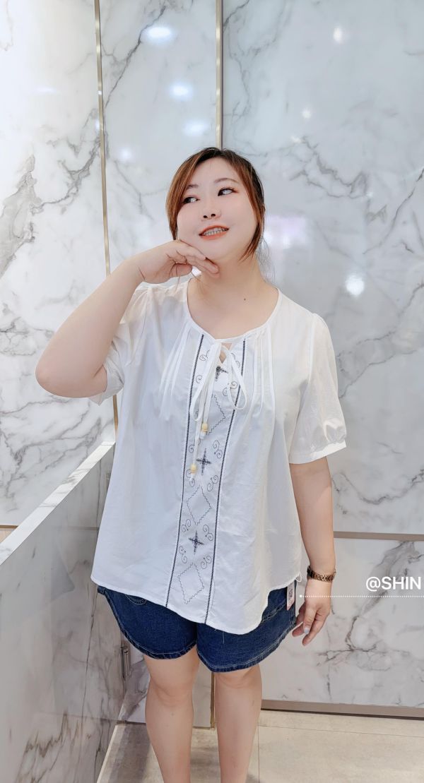 復古民俗風刺繡亞麻上衣(白/藍) 