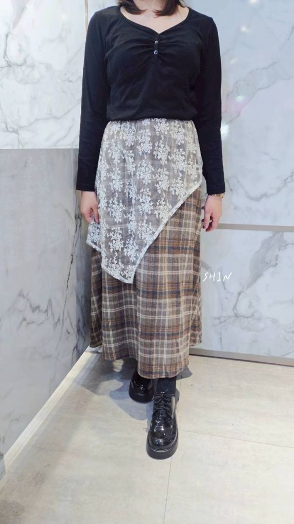 韓版毛呢格拼蕾絲長裙(咖/黑灰) 