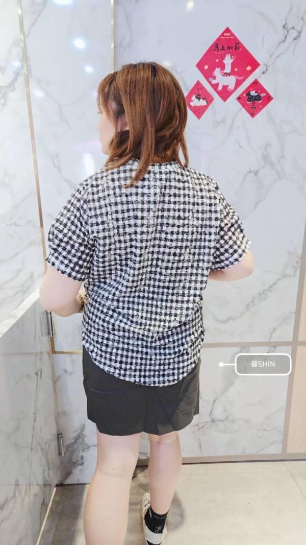 小香皺皺棉方格上衣(黑格/咖格) 