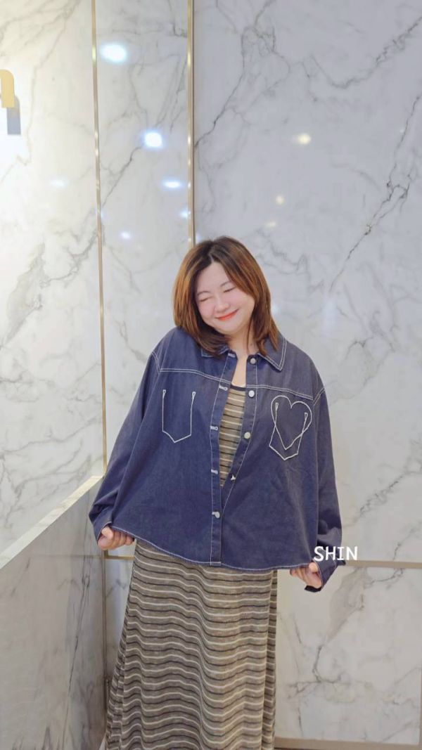 條紋長版洋+愛心襯衫外套(藍/酒紅) 