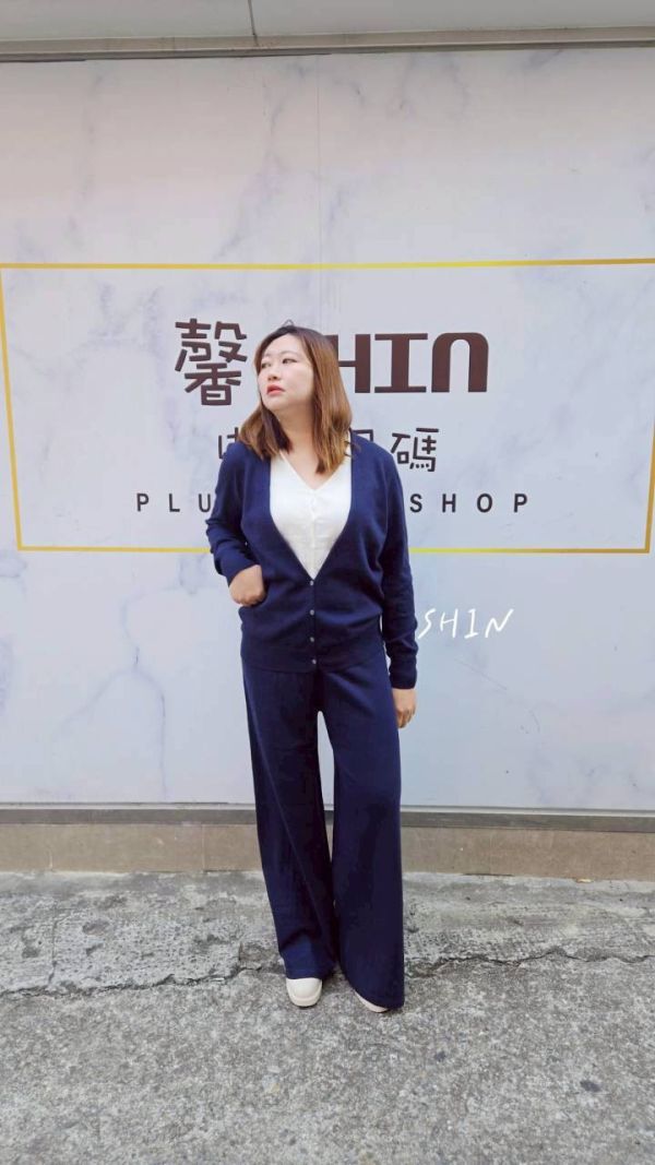 假兩件針織上衣寬褲套裝(深藍/灰) 