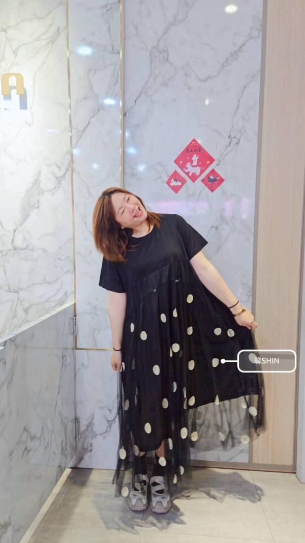 點點控請看拼接網紗點點假兩件長版洋 