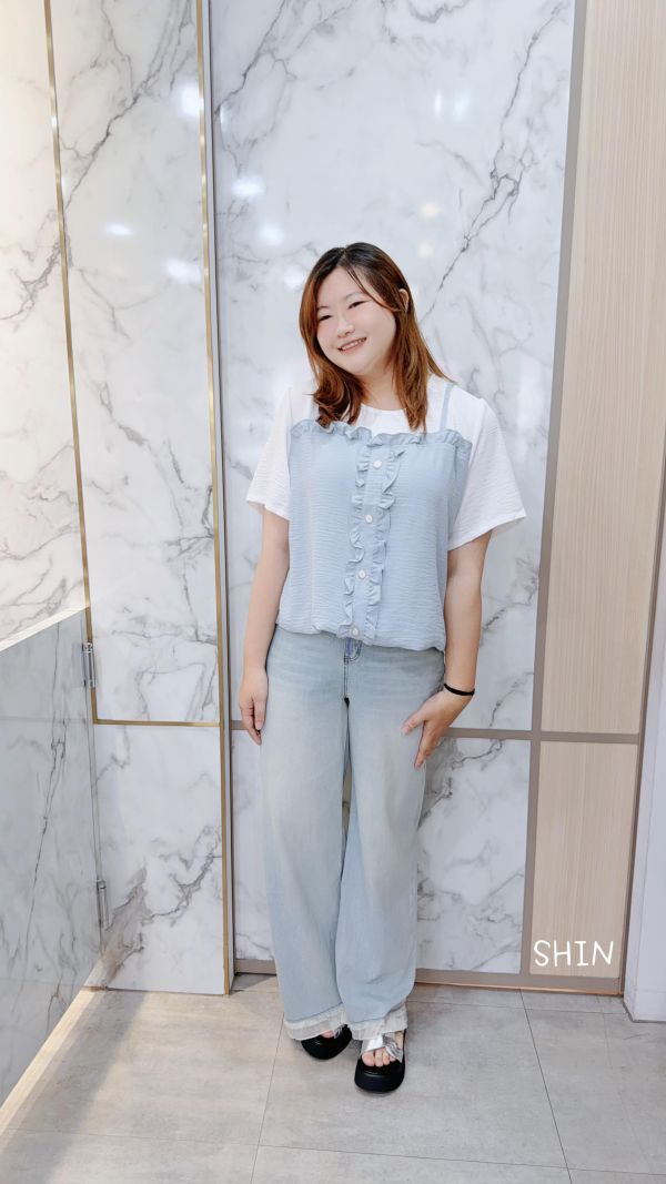 甜美細帶假兩件上衣(藍/粉) 