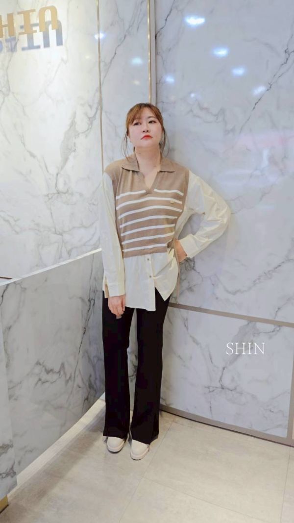 毛織拼接襯衫女假兩件(藍/白/杏) 