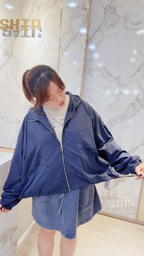 小中性帥連帽風衣外套(深藍/白) 