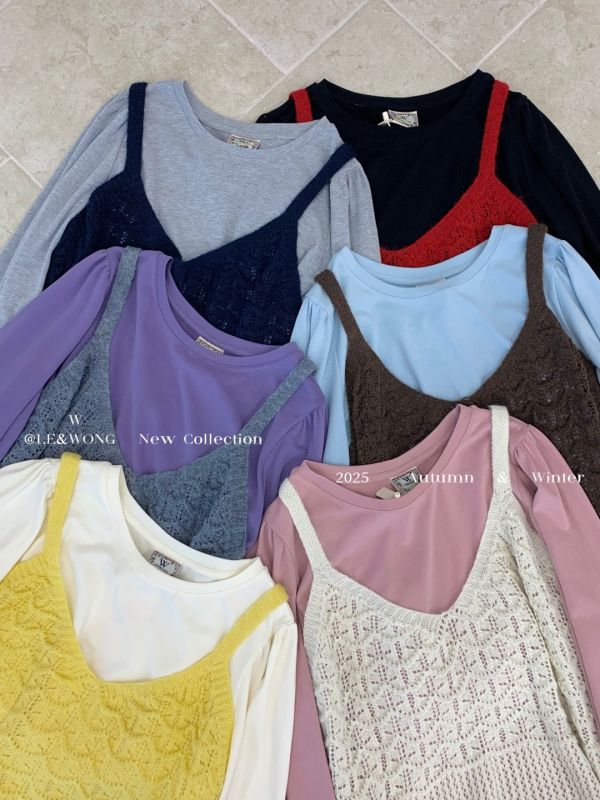 燈籠袖簍空吊帶兩件套(白/粉/藍) 