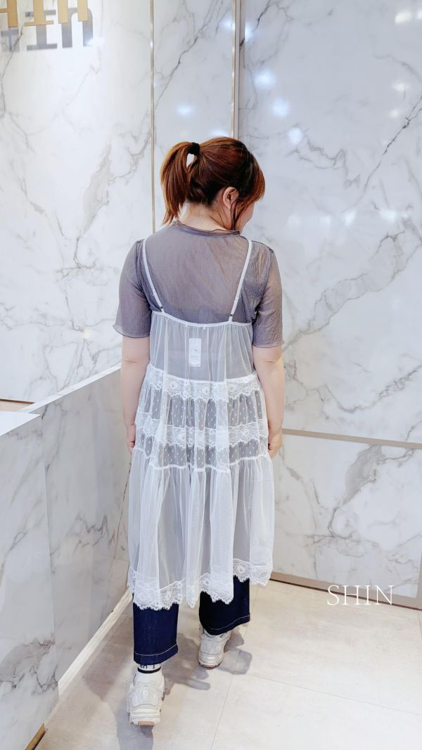 韓版網紗吊帶長版背心(黑/白) 