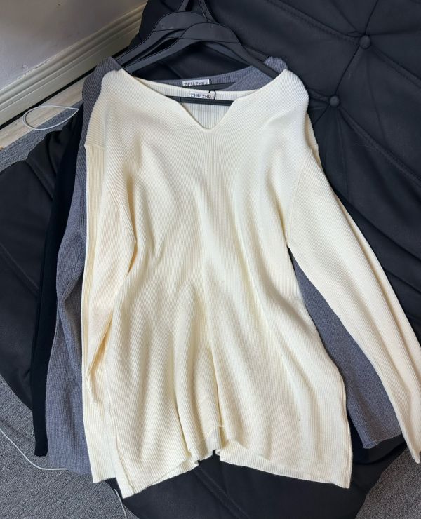 V領羅紋針織毛衣(黑/咖/杏/紅/淺灰) 