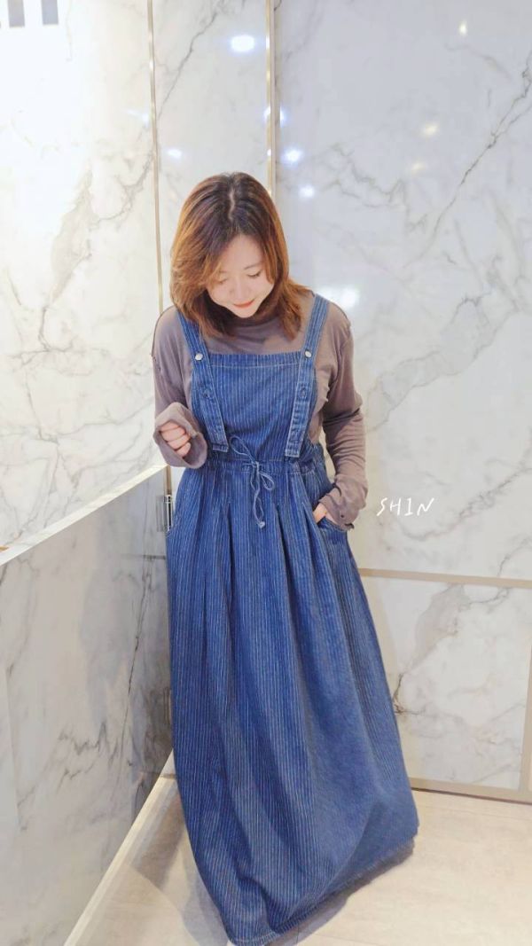 日系直紋牛仔吊帶洋 