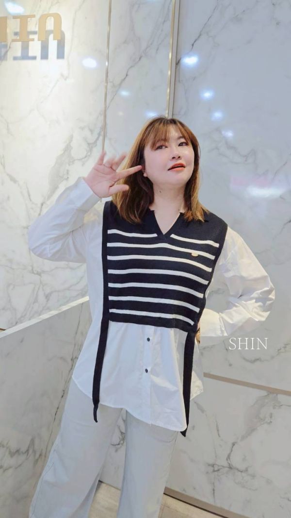 毛織拼接襯衫女假兩件(藍/白/杏) 