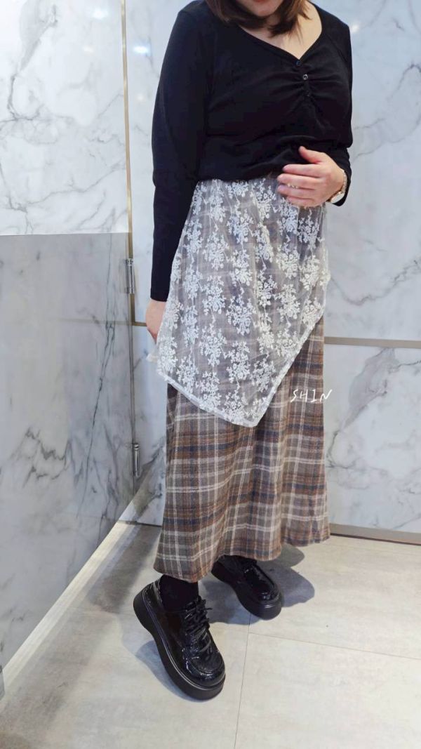 韓版毛呢格拼蕾絲長裙(咖/黑灰) 