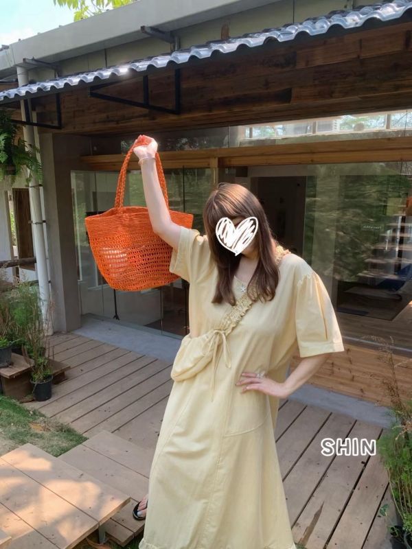 仙氣飄飄斜垮包方領洋(黃/粉/紅/藍) 