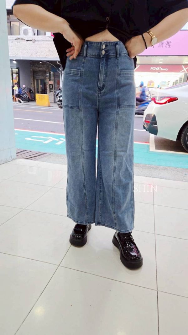 口袋牛仔闊腿褲 