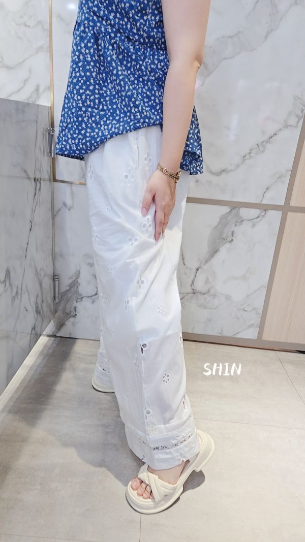 洞洞花棉麻長褲(杏/白) 