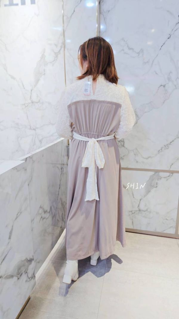 絕美蕾絲拼接綁帶長洋(奶茶/深灰) 