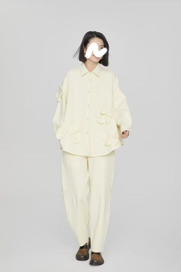 廣州高單自選設計師太空棉立體花襯衫(黑/粉/黃杏/灰/咖) 