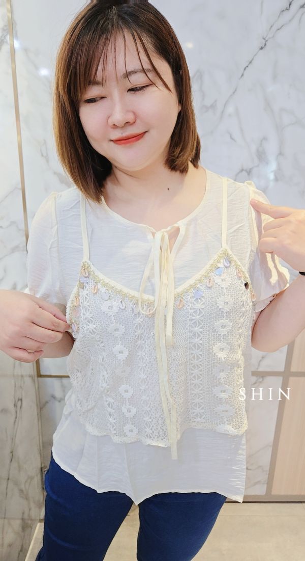 民俗風假2件麻紗上衣(杏/白/藍) 