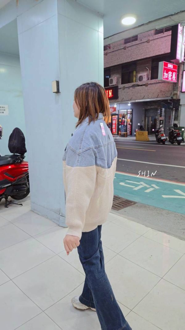 牛仔拼接針織外套(黑/卡其) 