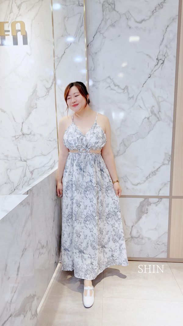 棉麻水墨花胸墊長洋(藍花/咖花) 