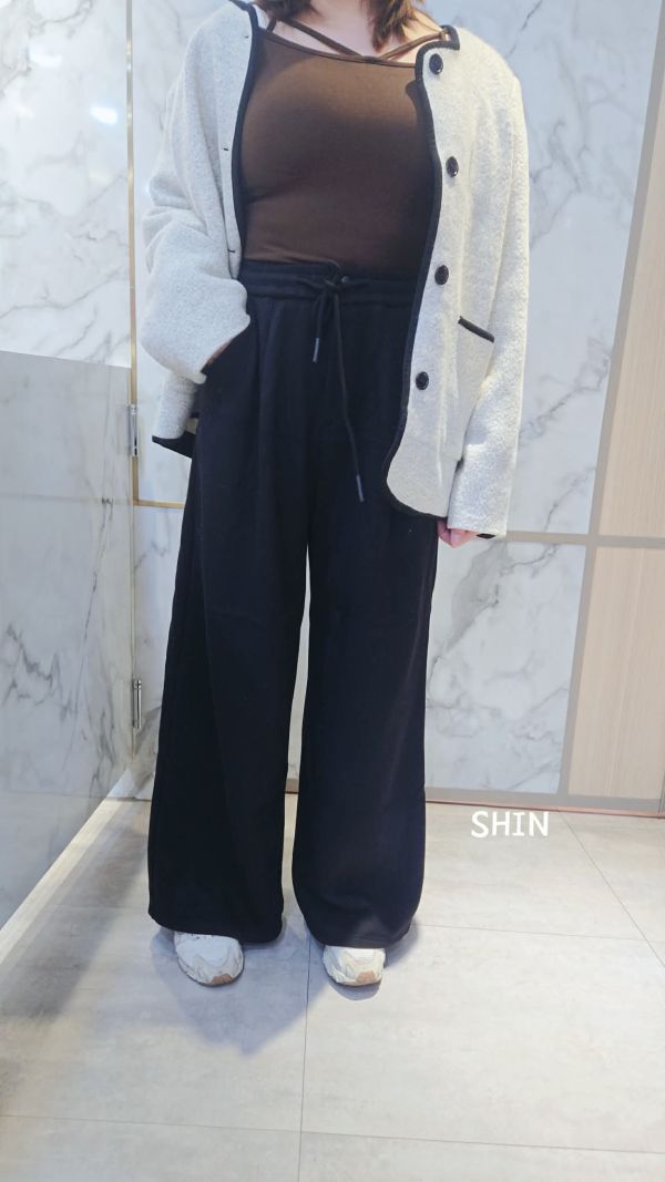 超長腿抽繩刷毛寬褲(黑/深灰) 