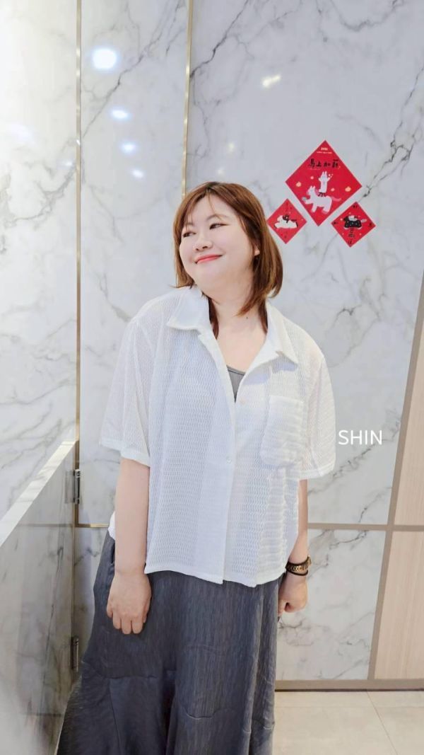 設計紋路短袖襯衫(灰藍/白) 