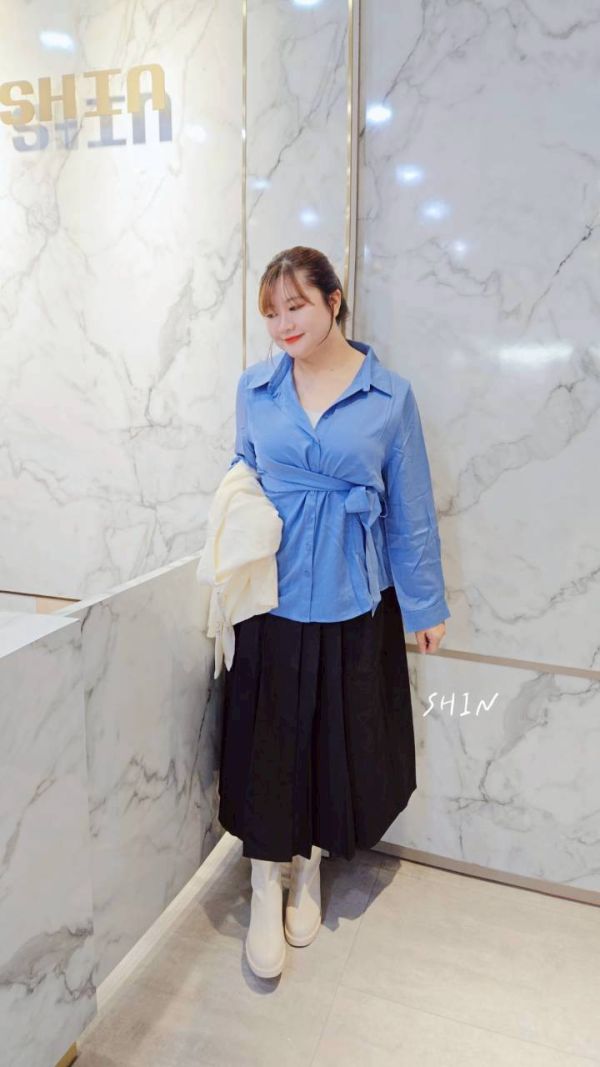 韓版天絲設計款綁帶襯衫(黑/藍/米白) 