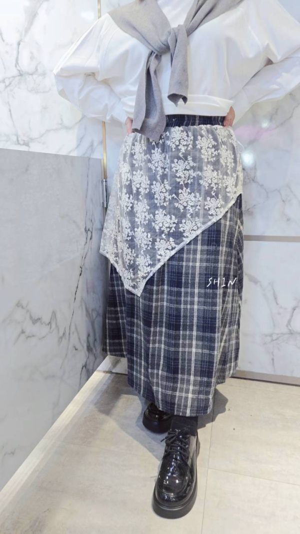 韓版毛呢格拼蕾絲長裙(咖/黑灰) 