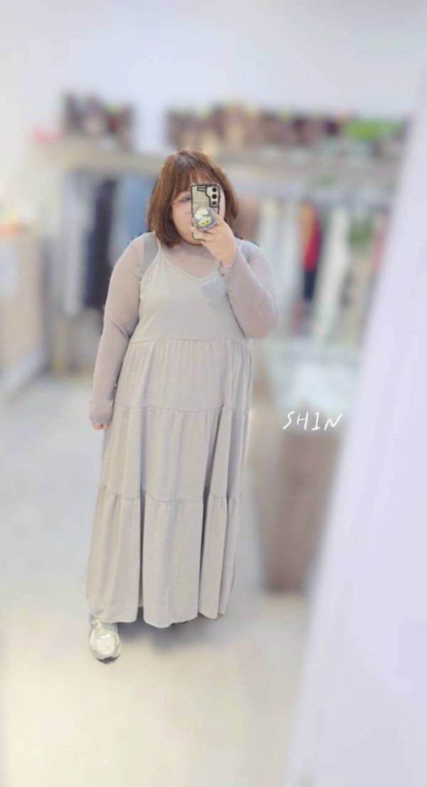 透膚木耳邊+細肩吊帶蛋糕洋(杏/灰/黑) 