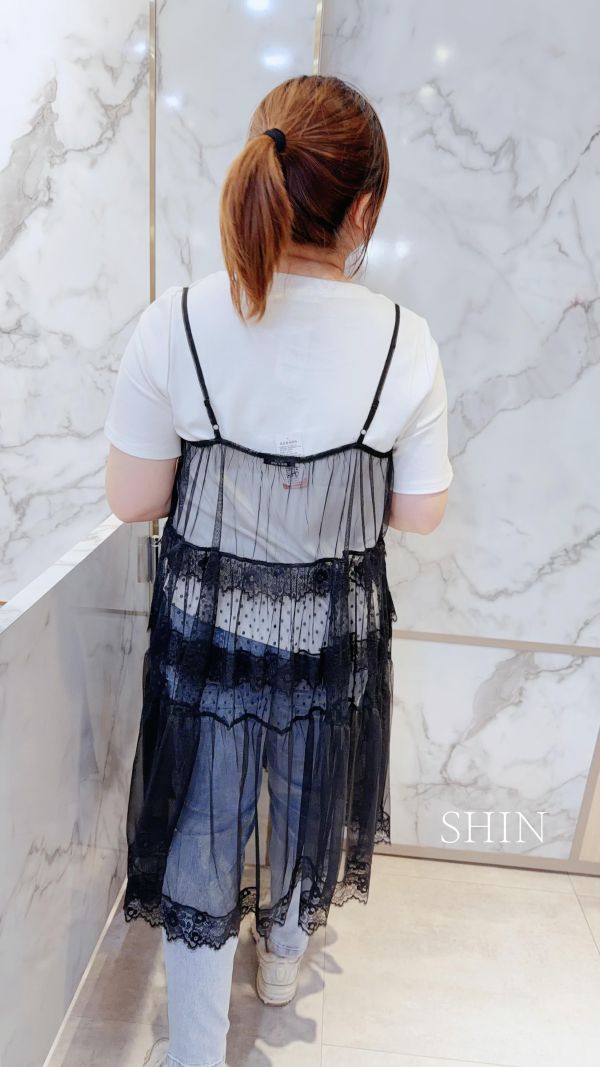 韓版網紗吊帶長版背心(黑/白) 