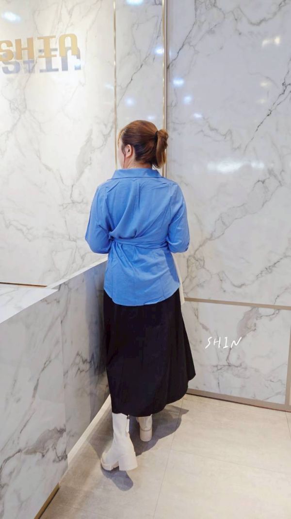 韓版天絲設計款綁帶襯衫(黑/藍/米白) 