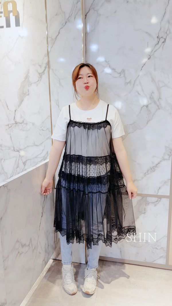 韓版網紗吊帶長版背心(黑/白) 