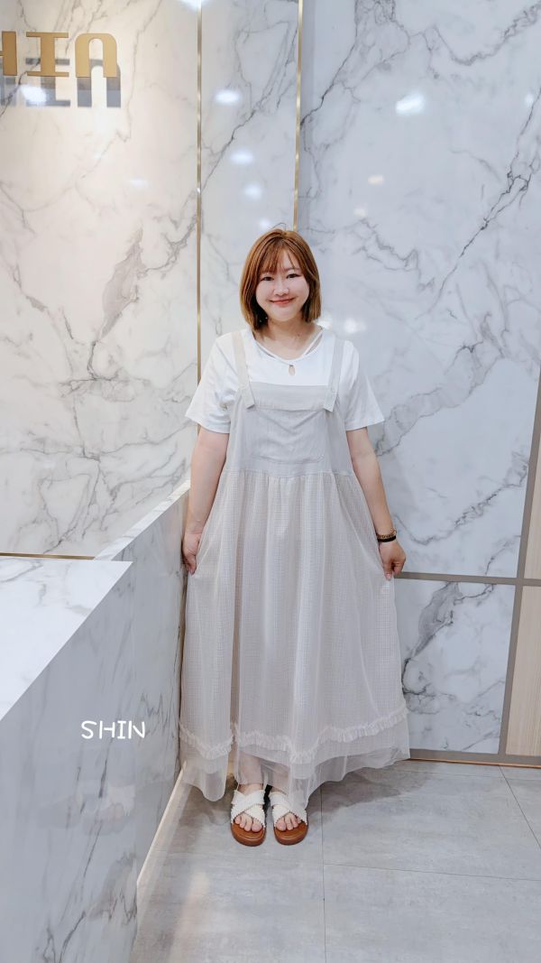 日系女孩薄麻拼紗吊帶裙 