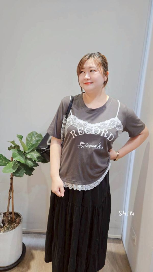 蕾絲花邊拼接短袖t恤(灰/藍) 