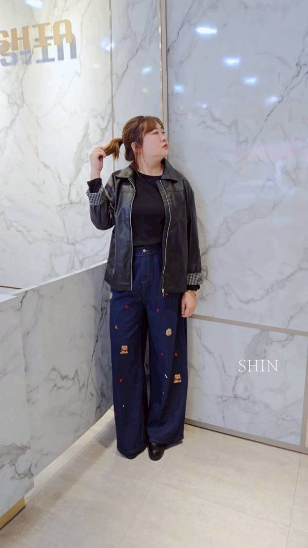 格子袖口PU皮外套 