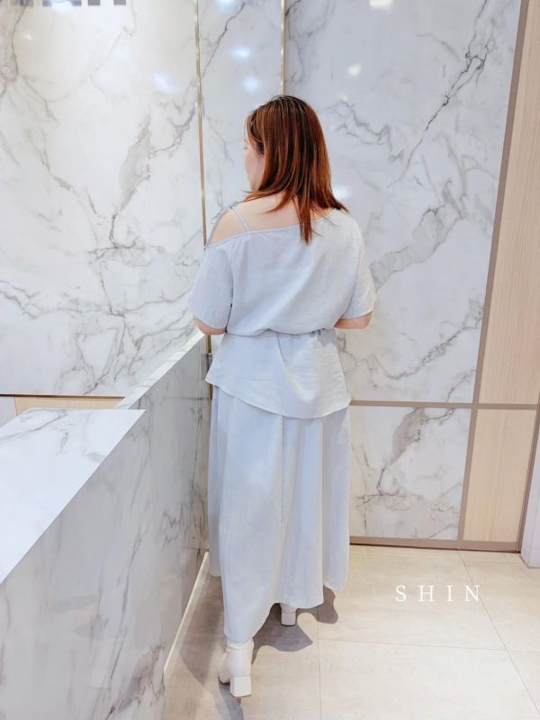 美的冒泡斜肩腰帶兩件套(粉/黑/藍) 