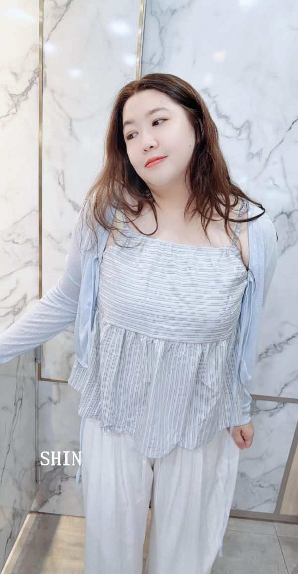 條紋吊帶上衣(杏/藍) 