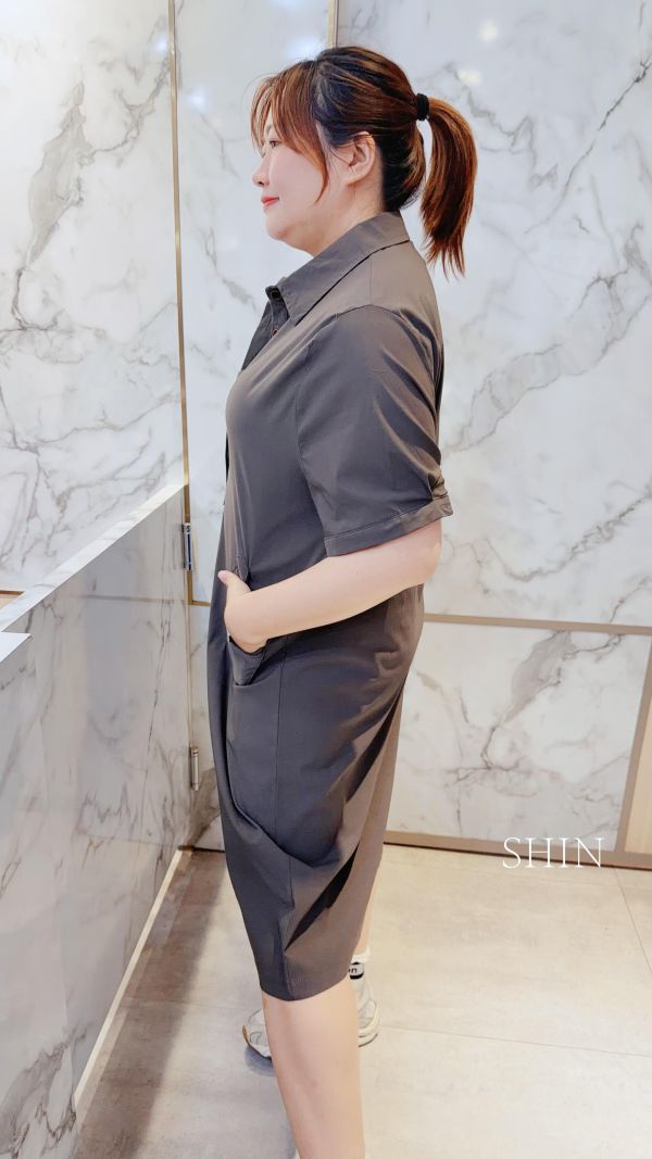 超彈力口袋撞色貓頭長版襯衫(軍綠/墨灰) 