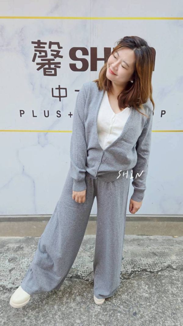 假兩件針織上衣寬褲套裝(深藍/灰) 