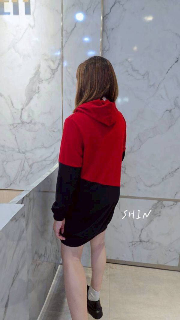 熊熊拼接長版帽T(紅/咖) 