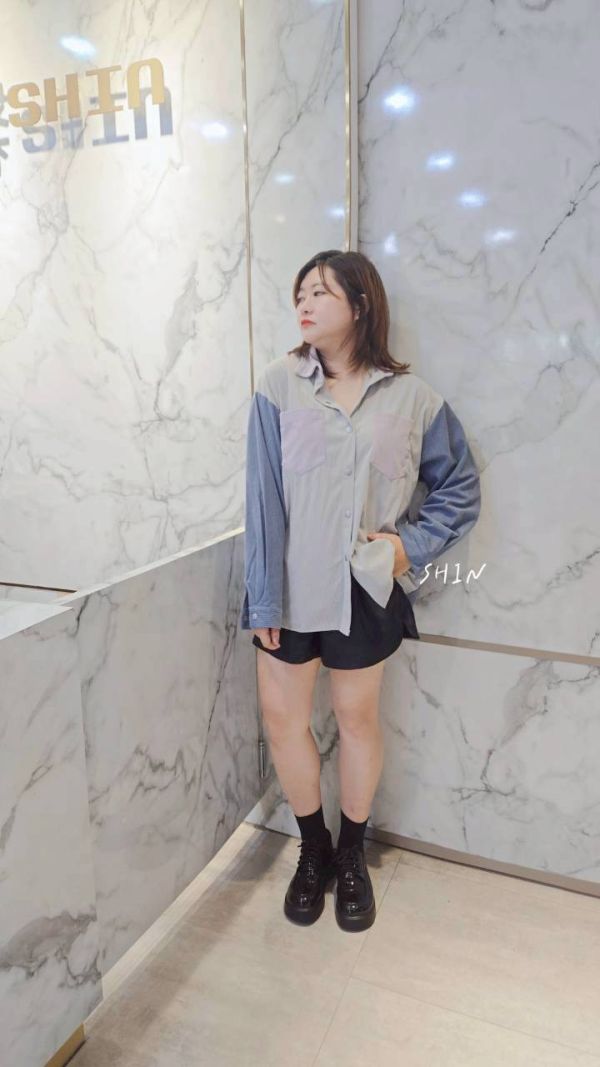 韓版燈芯絨撞色拼接襯衫(紫/灰/杏) 