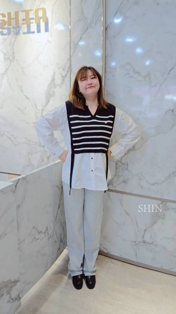 毛織拼接襯衫女假兩件(藍/白/杏) 