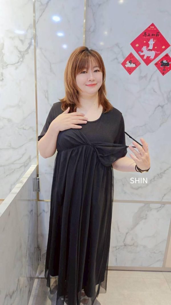 要漂亮要氣質都有的真兩件網紗配素T長洋(咖/黑) 