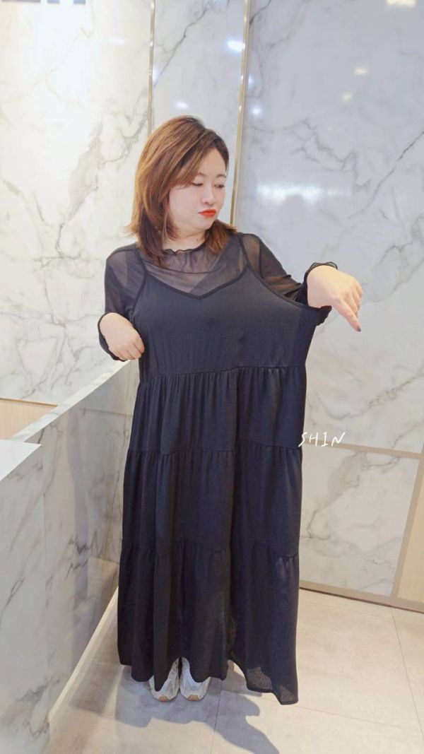 透膚木耳邊+細肩吊帶蛋糕洋(杏/灰/黑) 