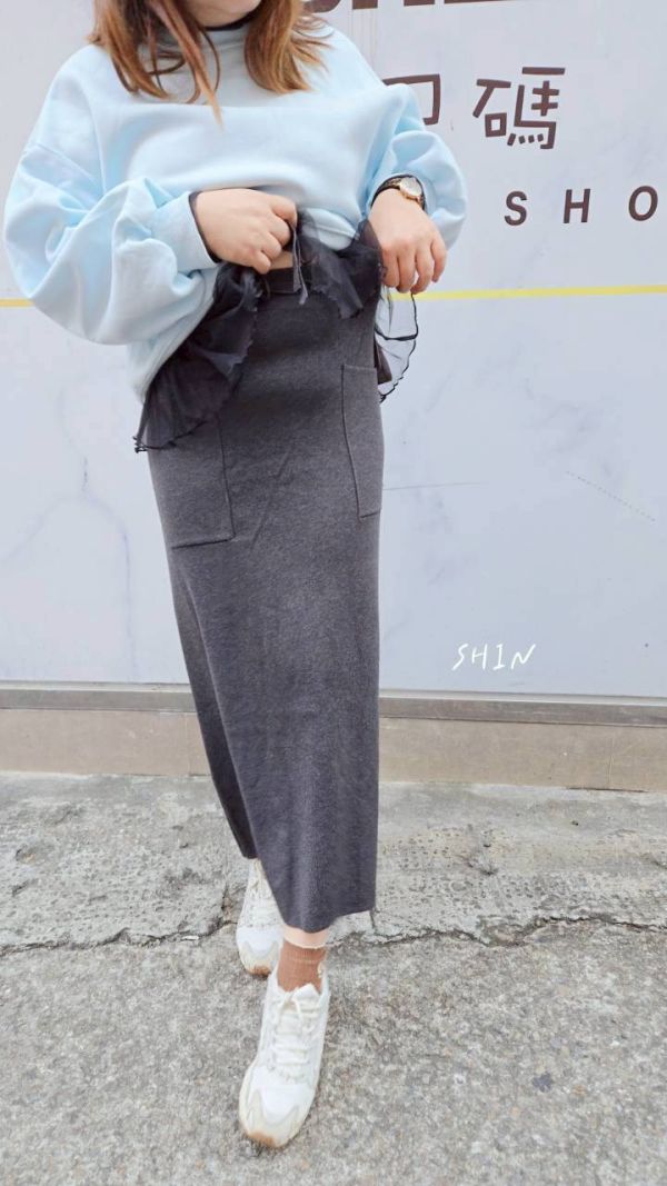 大口袋針織長裙(杏/咖/黑/灰) 