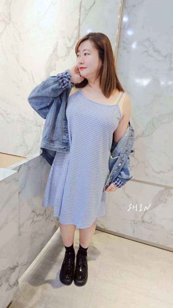 菱格紋細肩帶短洋(藍/粉/咖) 