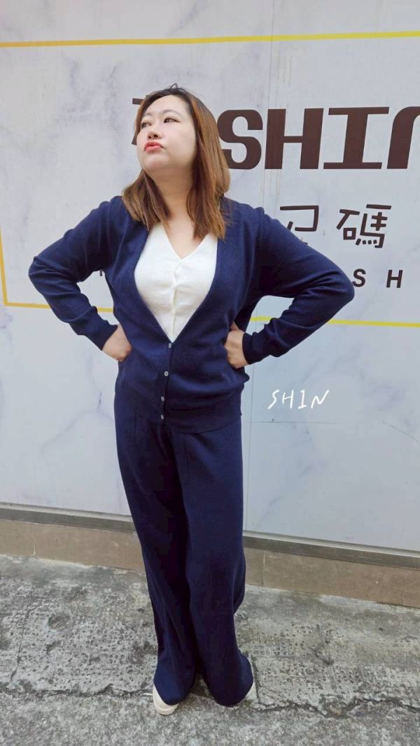 假兩件針織上衣寬褲套裝(深藍/灰) 